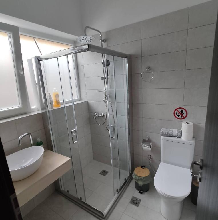 łazienka z prysznicem, toaletą i umywalką w obiekcie PETMEZA APARTMENT 2 Aigio City F w mieście Ejo
