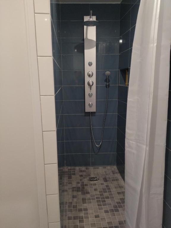a shower in a blue tiled bathroom with a shower curtain at La Petite Florentine in Saint-Florent-le-Vieil