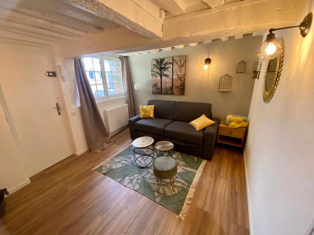 un salon avec un canapé et une table dans l'établissement Le studio jaune - studio hypercentre Rouen - 107, à Rouen