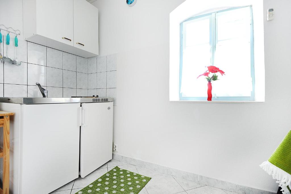 kuchnia ze zlewem i okno z parasolem w obiekcie Studio Okrug Donji 16737b w mieście Okrug Donji