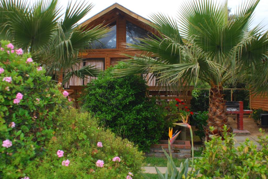 a house with two palm trees in front of it at Cabañas Barrachina, Punta de Tralca in El Quisco