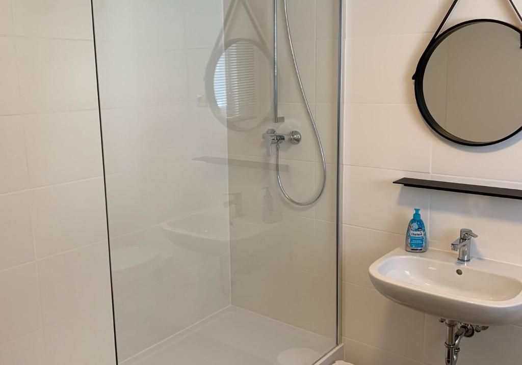 a shower with a glass door next to a sink at Apartmenthaus Selbitz in Selbitz