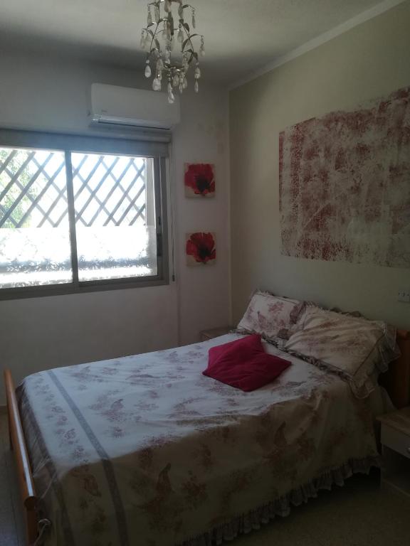1 dormitorio con cama, ventana y lámpara de araña en Golden sunshine, en Paralimni
