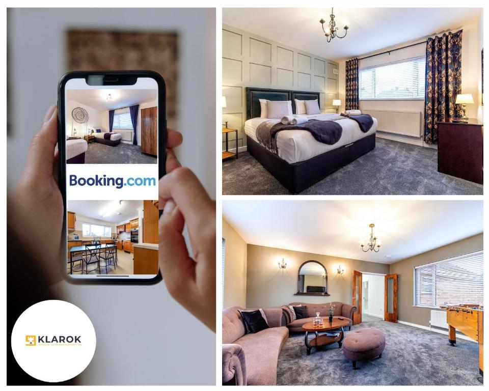 a collage of three pictures of a hotel room at LONG STAYS 30pct OFF - Spacious 3 Bed with Parking & Keyless Access By Klarok Short Lets & Serviced Accommodation in Peterborough