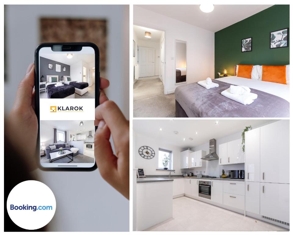 eine Person, die ein Foto von einem Schlafzimmer und einem Wohnzimmer macht in der Unterkunft LONG STAYS 30pct OFF - Superb Central 2Bed Apt with Parking By Klarok Short Lets & Serviced Accommodation in Peterborough