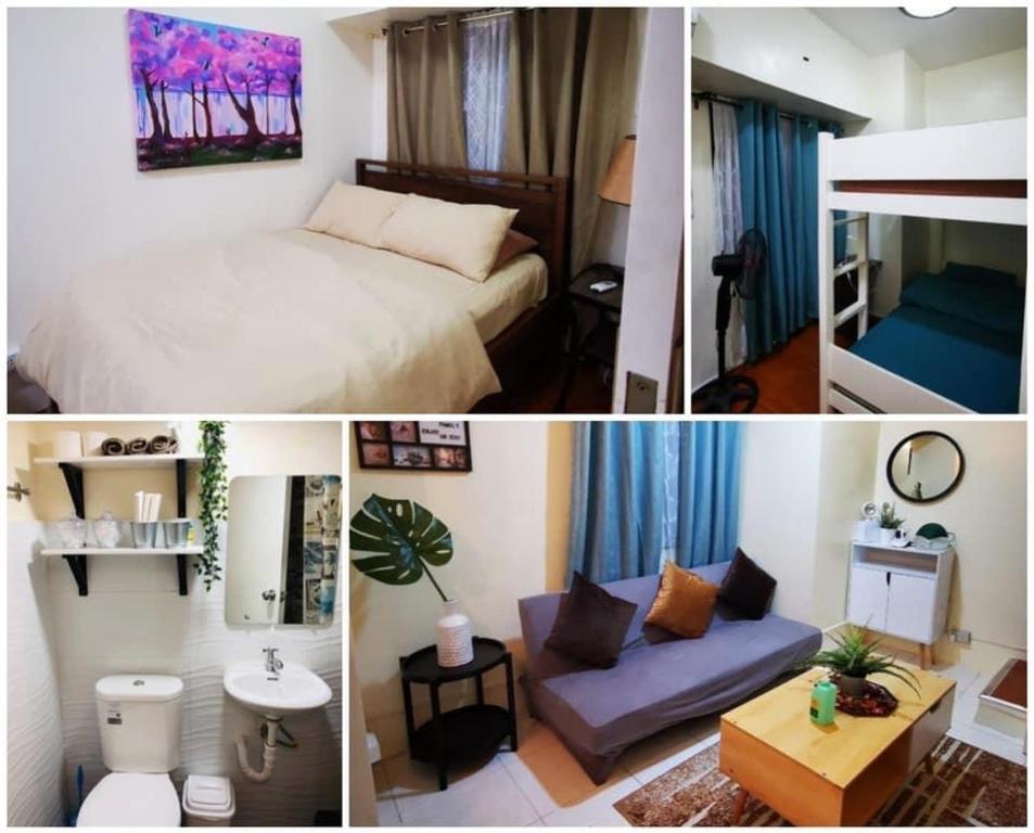 マニラにあるAmazing Condo @ the heart of Manilaのベッド1台とソファ付きのベッドルームの写真3枚