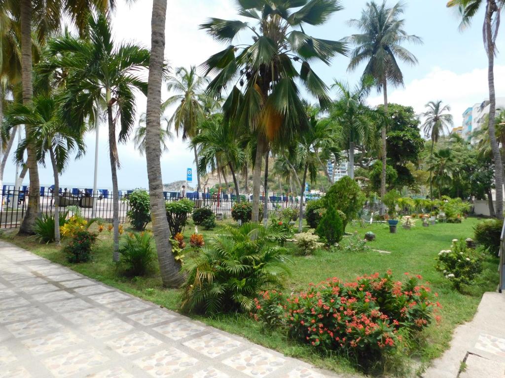 - un parc sur la plage avec des palmiers et des fleurs dans l'établissement Patuca Apartamentos By DANP, à Santa Marta