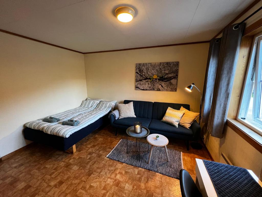 een woonkamer met een bank en een bed bij Privat rom i leilighet in Sogndal