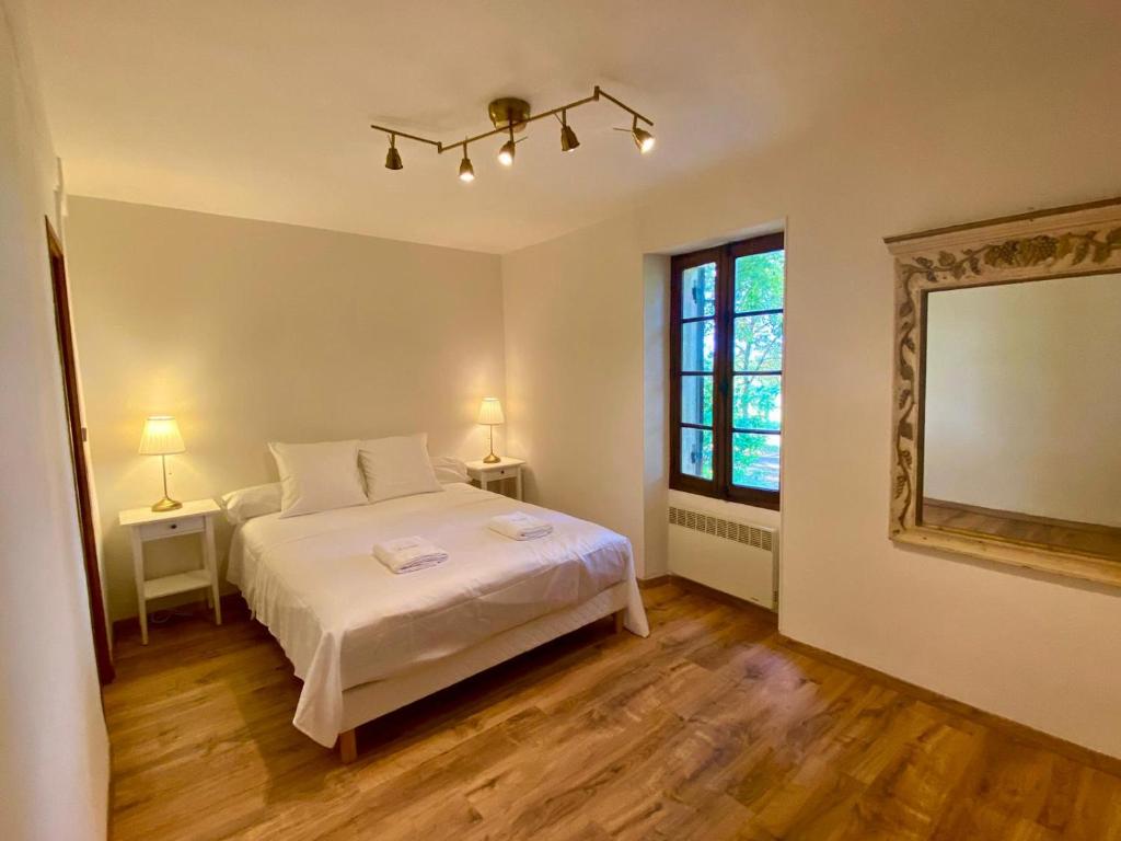 a bedroom with a bed and a large mirror at Manoir du Suquet in Bardou