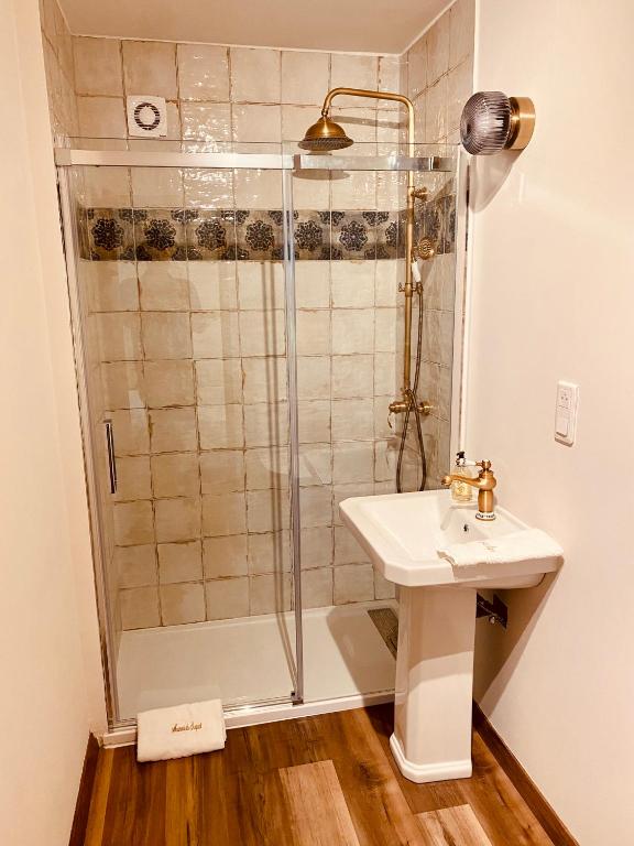 a bathroom with a shower and a sink at Manoir du Suquet in Bardou