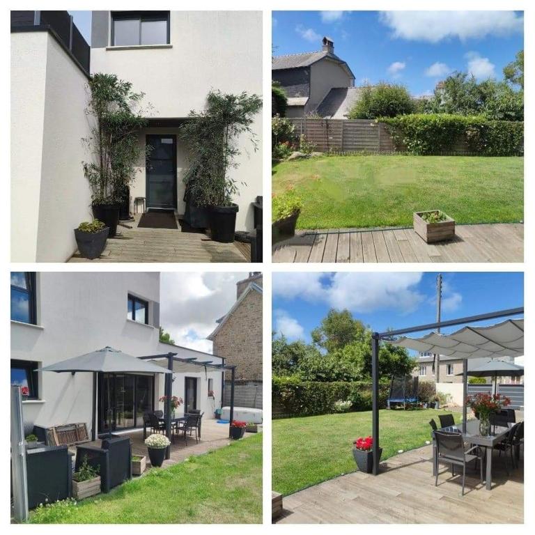 Quatre photos d'une maison avec une terrasse et un parasol dans l'établissement TY SAM - 2 Appartements dont 1 Grande Terrasse vue mer proche plages et commerces, à Trébeurden