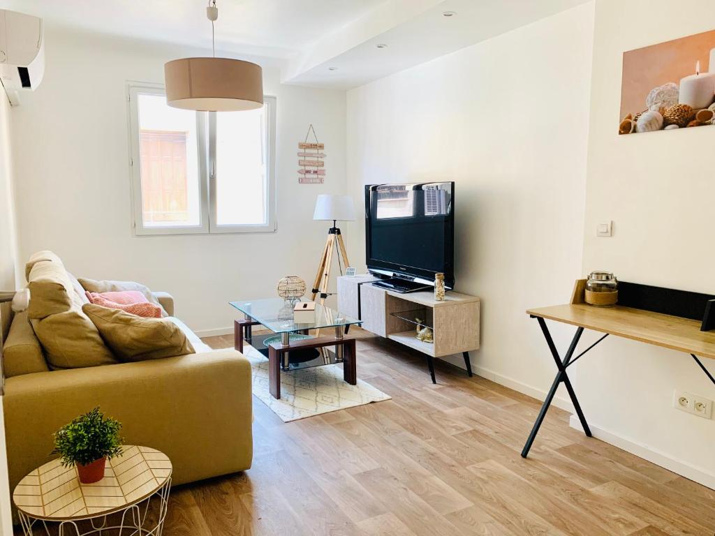 a living room with a couch and a tv at Thuir, Charmante Maison T2 Climatisée in Thuir