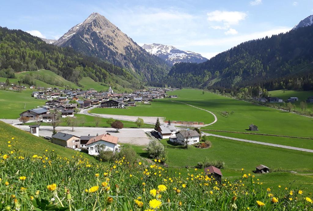 a village in a valley with mountains in the background at Fernblick Frühstückspension in Schoppernau