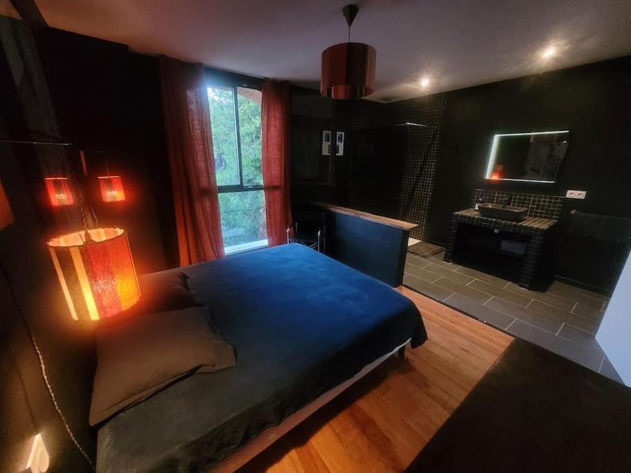 een slaapkamer met een groot blauw bed en een badkamer bij Appartement de charme dans ancienne cave à vin in Le Boulou