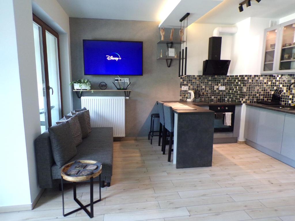 a kitchen and living room with a couch and a table at Bookowska Dal Cuore Apartment in Poznań