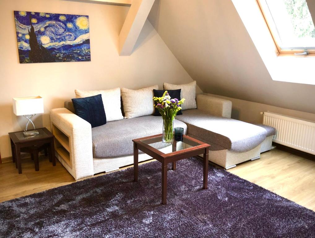 uma sala de estar com um sofá e uma mesa em Apartament Natura em Koszalin