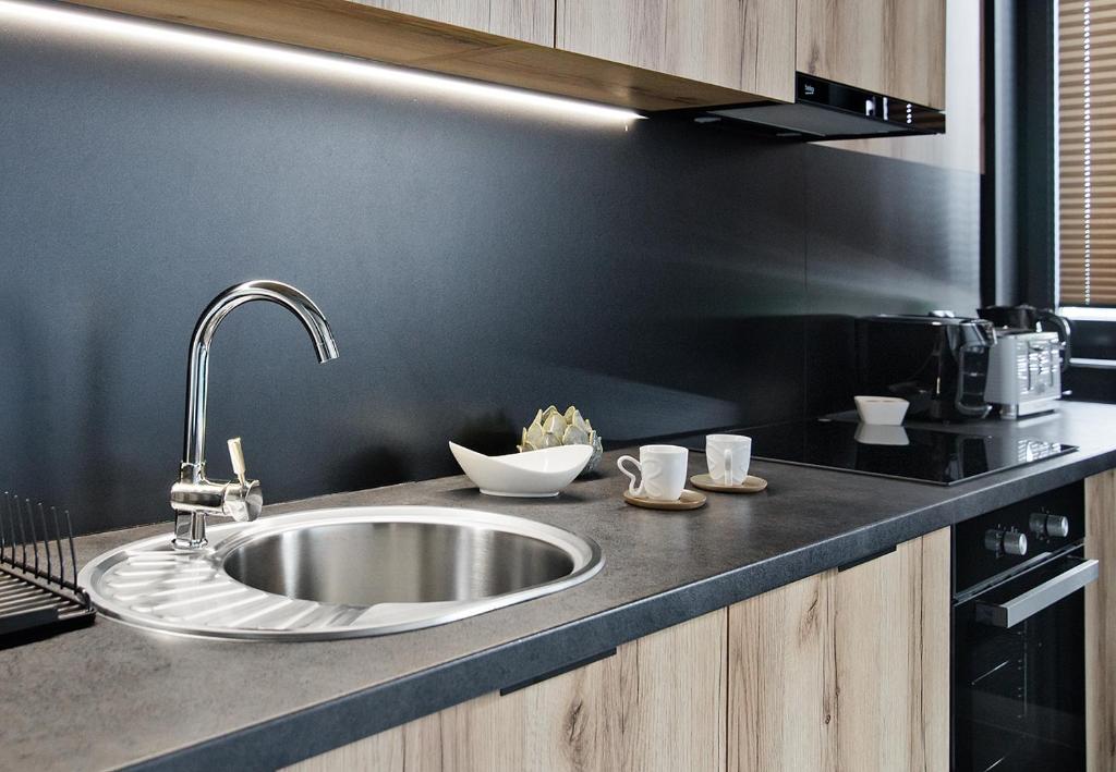 a kitchen counter with a sink in a kitchen at Apartamenty Dworcowa 60 in Gliwice