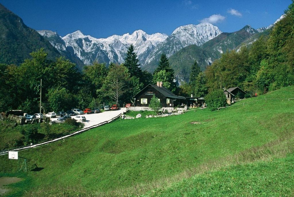 una casa en una colina con montañas en el fondo en Guest House Kraljev Hrib en Kamniška Bistrica