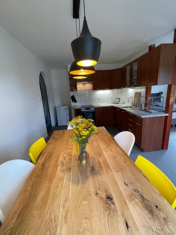 a kitchen with a wooden table with a vase of flowers at Apartmány U Medvěda in Horní Blatná