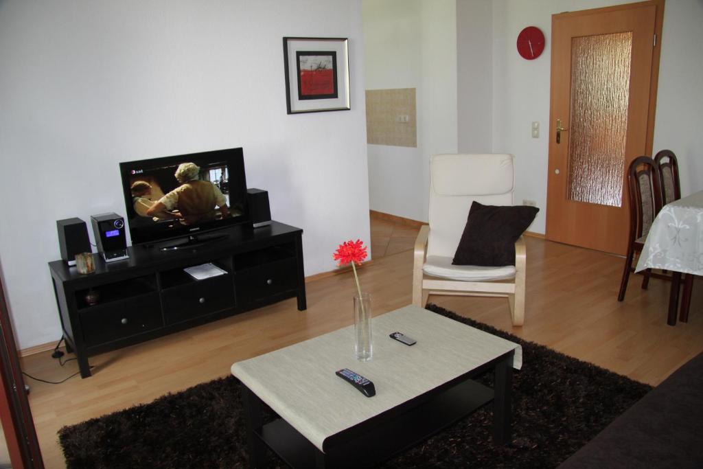uma sala de estar com televisão e um vaso sobre uma mesa em Apartment Dresden City Centre em Dresden
