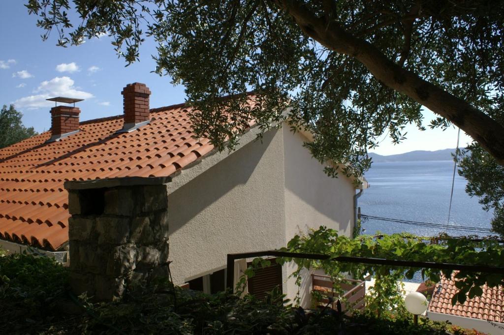 uma casa com telhado de azulejo com o oceano ao fundo em Apartment Pisak 967b em Mimice