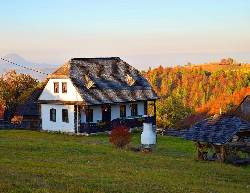 a small white house on a grass field at Casuta Bunicii in Bran