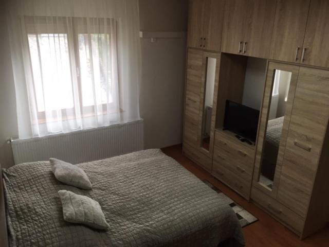 Schlafzimmer mit einem Bett und einer Kommode mit einem TV in der Unterkunft Thaly 5 in Debrecen