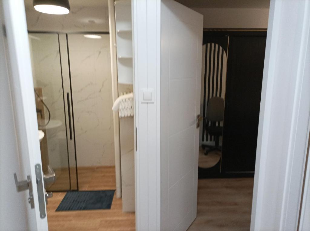 La salle de bains est pourvue d'une douche et d'une porte en verre. dans l'établissement Apartament City Center 3 bedroom, à Varsovie