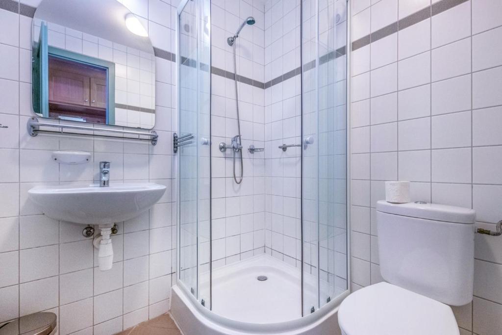 łazienka z prysznicem, toaletą i umywalką w obiekcie Zsóry Liget Vendégház w Mezőkövesd
