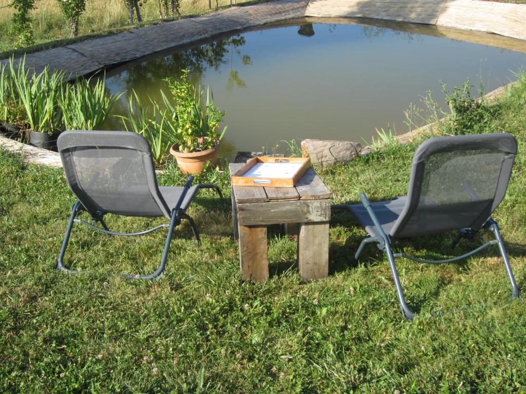 two chairs and a table next to a pond at Comfortable Quiet House in the countryside Porte-du-Quercy for 8 people in Sérignac
