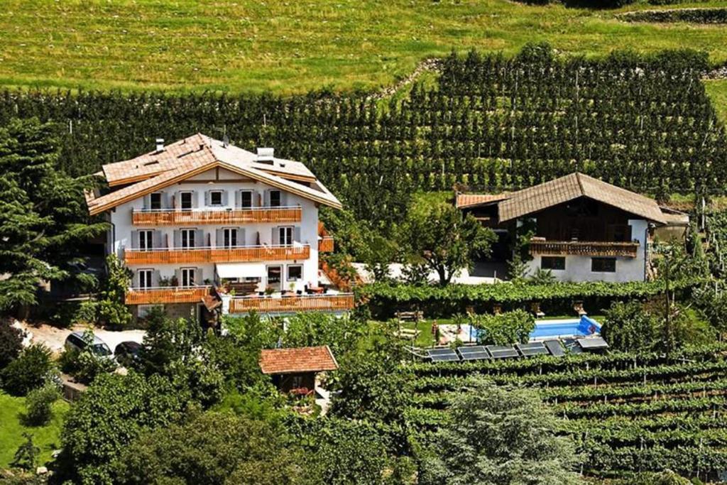 a large building in a vineyard next to a house at Panorama Residence Rebgut in Schenna