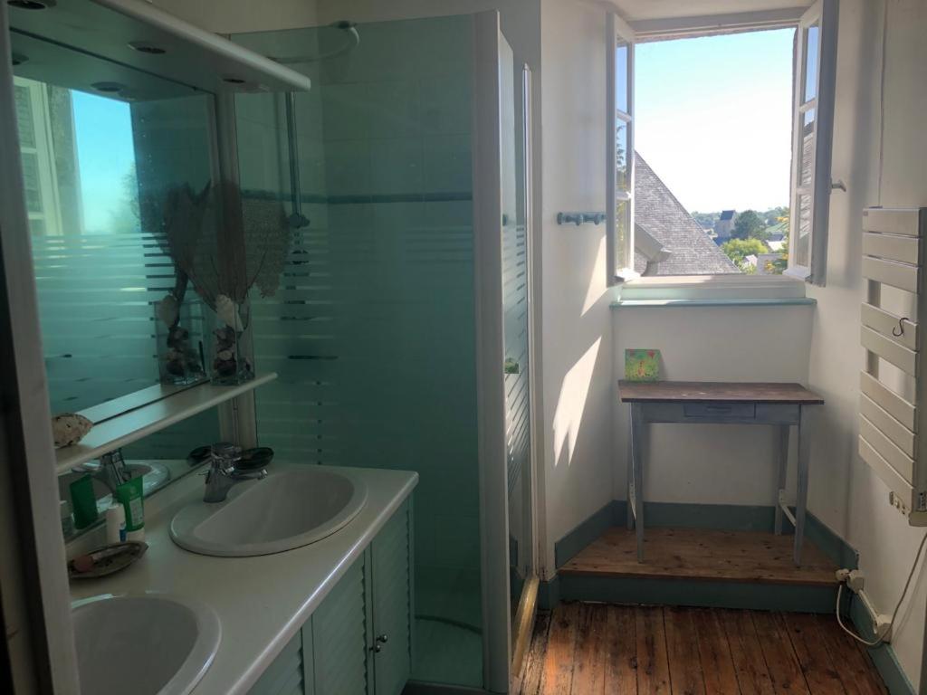 uma casa de banho com um lavatório, um espelho e uma janela em Magnifique longère du Cotentin em Heugueville-sur-Sienne