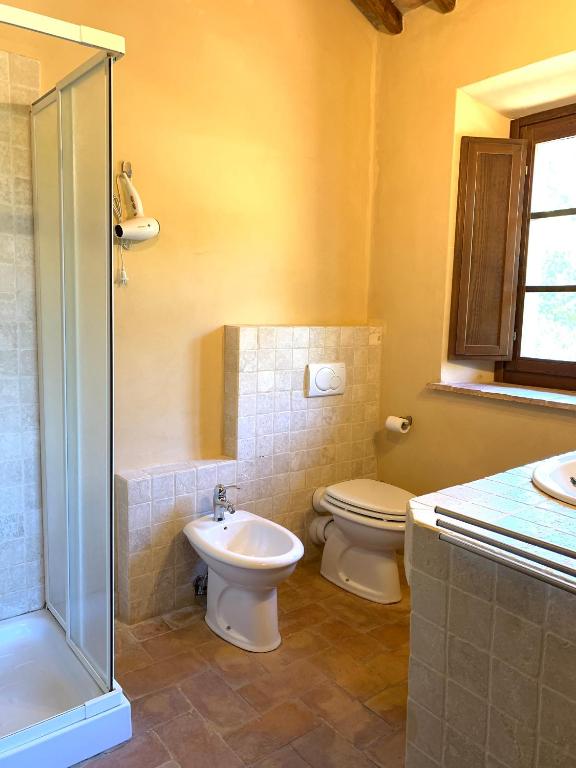 łazienka z toaletą, umywalką i prysznicem w obiekcie Villa Gosparini w mieście Lisciano Niccone