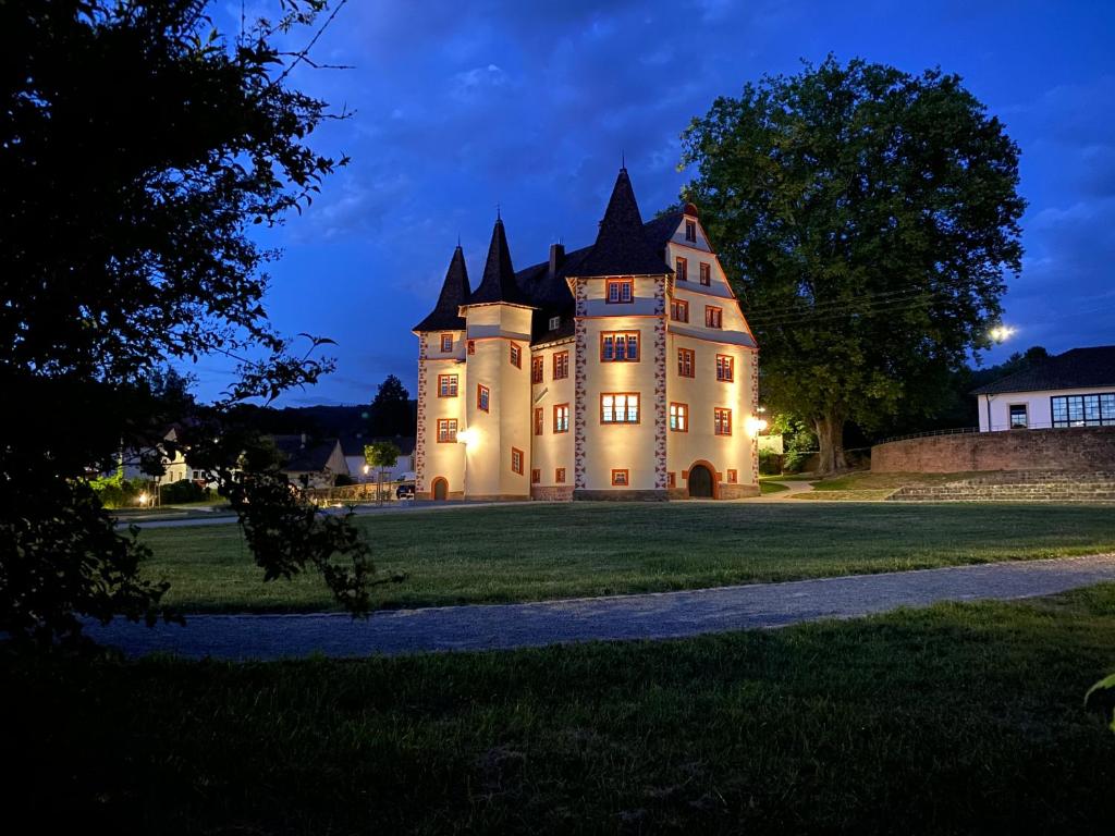 a castle at night with its lights on at Ferienwohnung am Schlossgarten in Schmieheim