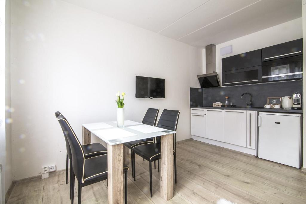 eine Küche mit einem Tisch und Stühlen im Zimmer in der Unterkunft Jáchymov ski&bike apartment in Jáchymov