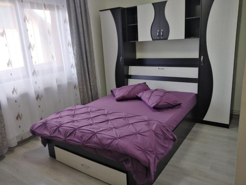 ein Bett mit einer lila Bettdecke in einem Schlafzimmer in der Unterkunft Apartament Teo in Iaşi