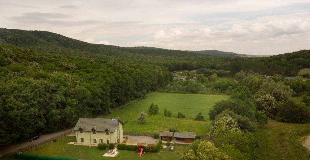 een luchtbeeld van een huis in het midden van een veld bij Agropensiunea Cetatuia in Luncaviţa