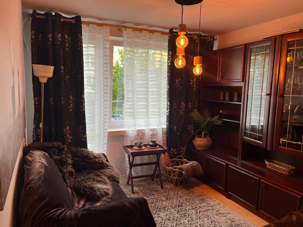 a living room with a couch and a window at Przytulny Apartament in Ostrowiec Świętokrzyski