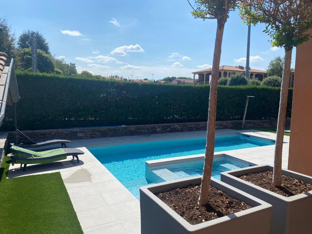 una piscina con 2 palmeras en un patio en B&B ARCOBALENO en Longone al Segrino