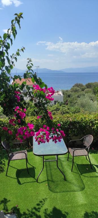 two chairs and a table in the grass with flowers at Seaside Boutique Villa in Volos