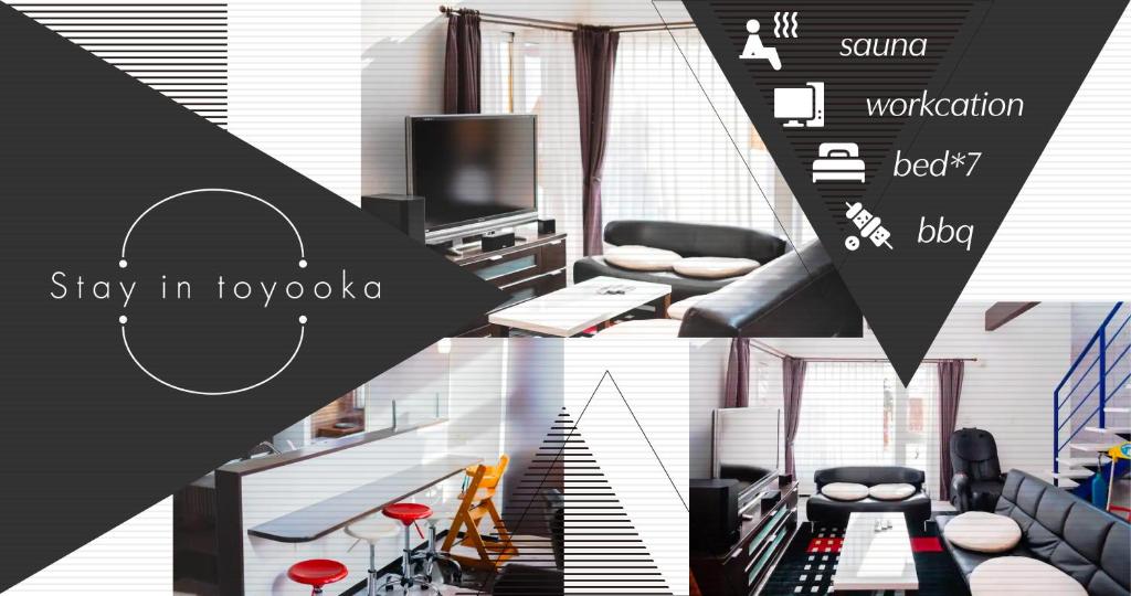 a collage of photos of a living room with a tv at STAY IN TOYOOKA in Asahikawa