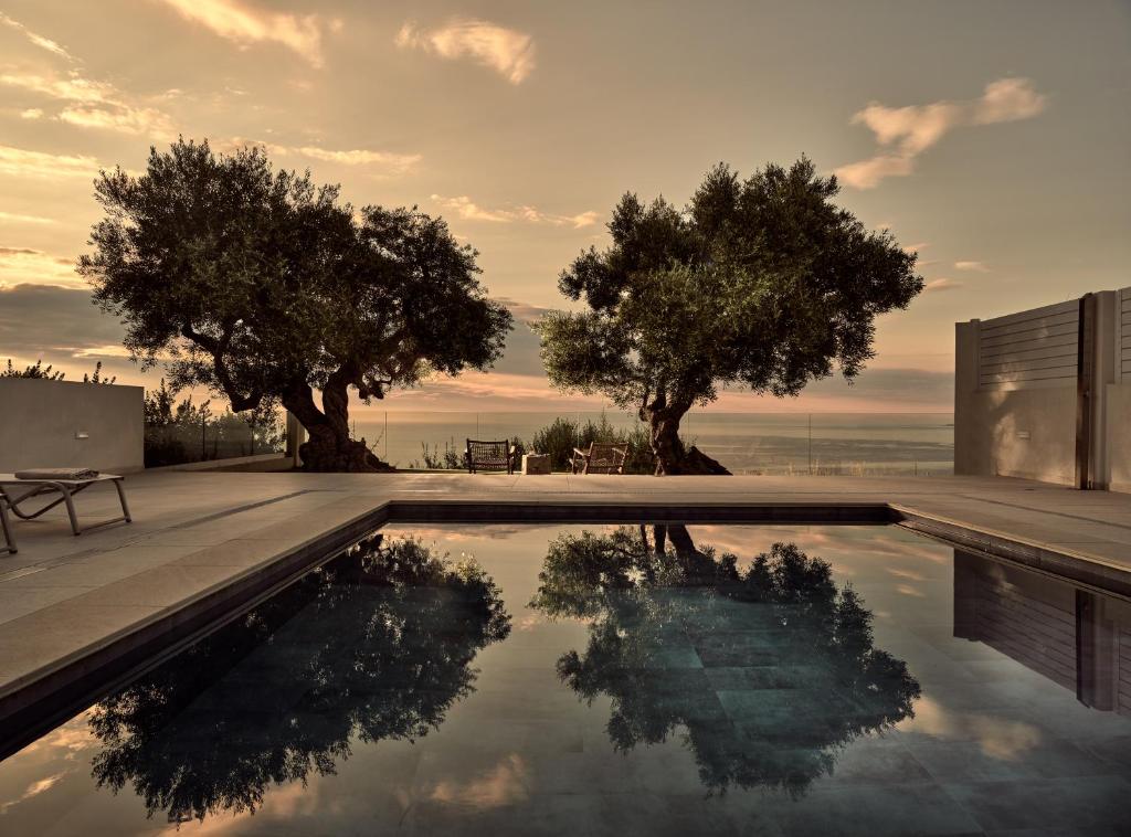 uma piscina com duas árvores na água em Stelle Mare Villa em Akrotiri