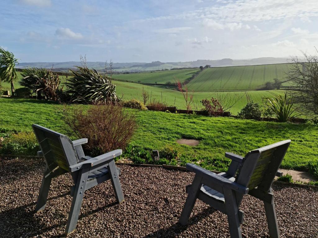 two chairs sitting next to each other in front of a field at The Thatched Cottage in Crediton