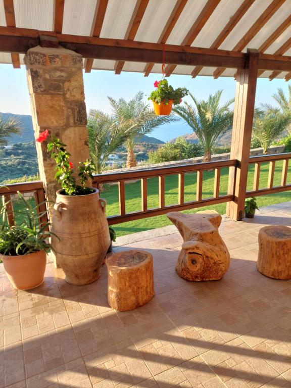 a patio with pots and trees and palm trees at Anemomylos House in Éxo Moulianá