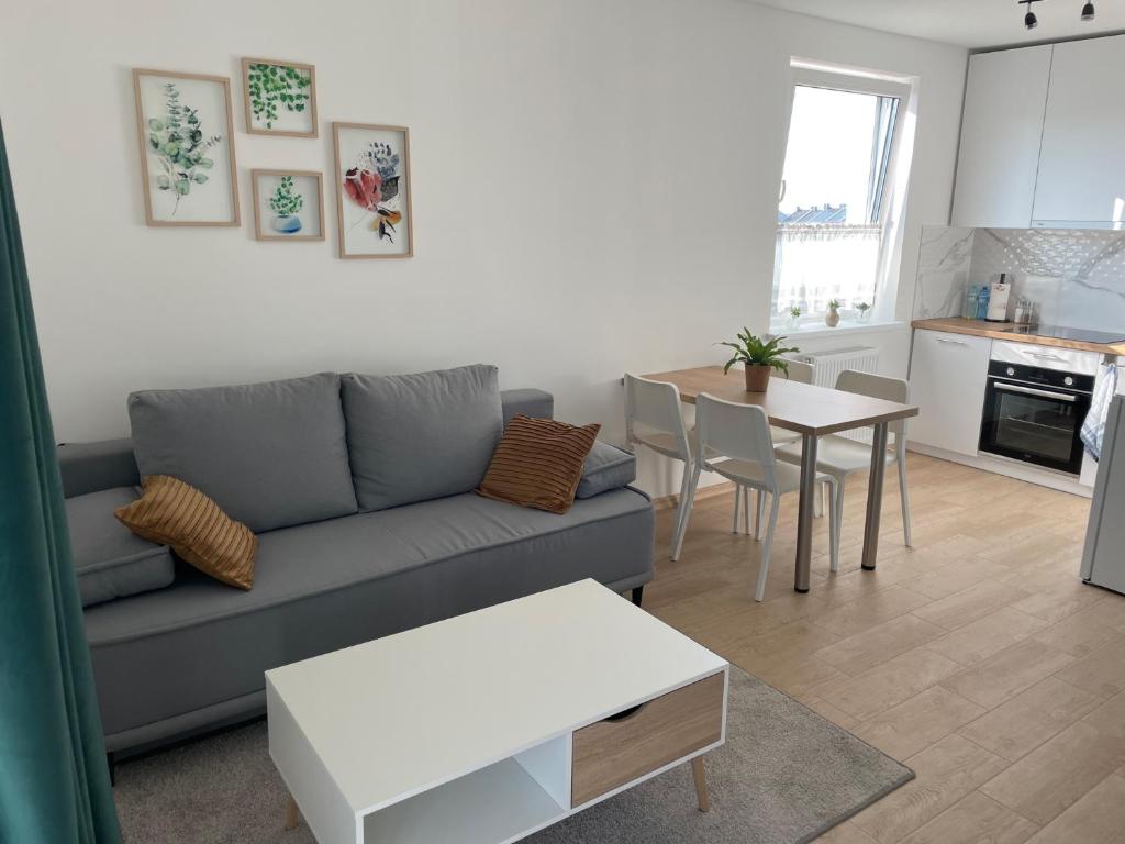 a living room with a couch and a table at Complex Apartamenty - Po Schodkach in Koszalin