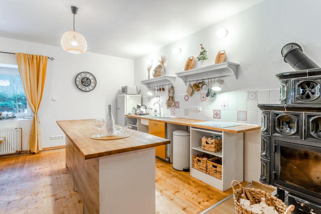 a kitchen with a stove and a counter top at Chalupa U Potoka in Malá Morávka