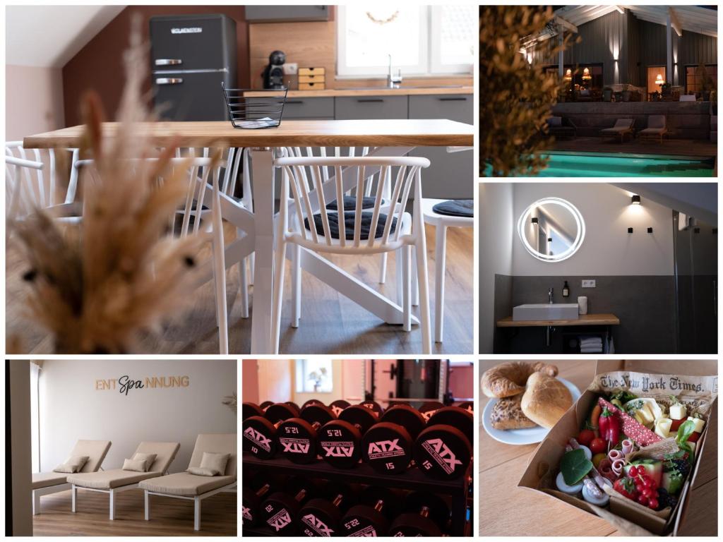 eine Collage mit Fotos von einer Küche und einem Haus in der Unterkunft ferienhofEICHENBERG in Haundorf