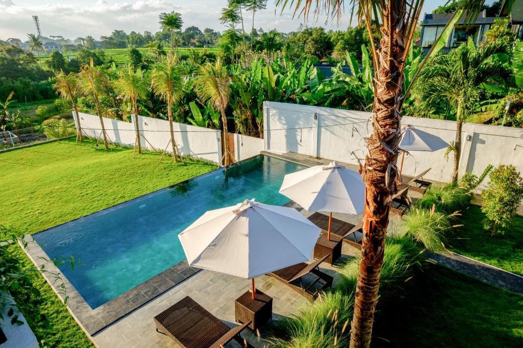 une vue aérienne d'une piscine avec des parasols dans l'établissement Eden Guest House Canggu, à Canggu