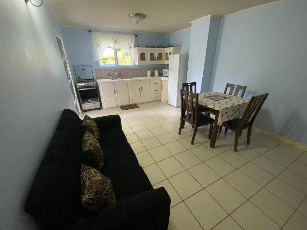 uma sala de estar e cozinha com um sofá e uma mesa em Marveys Place Apartment em Castries