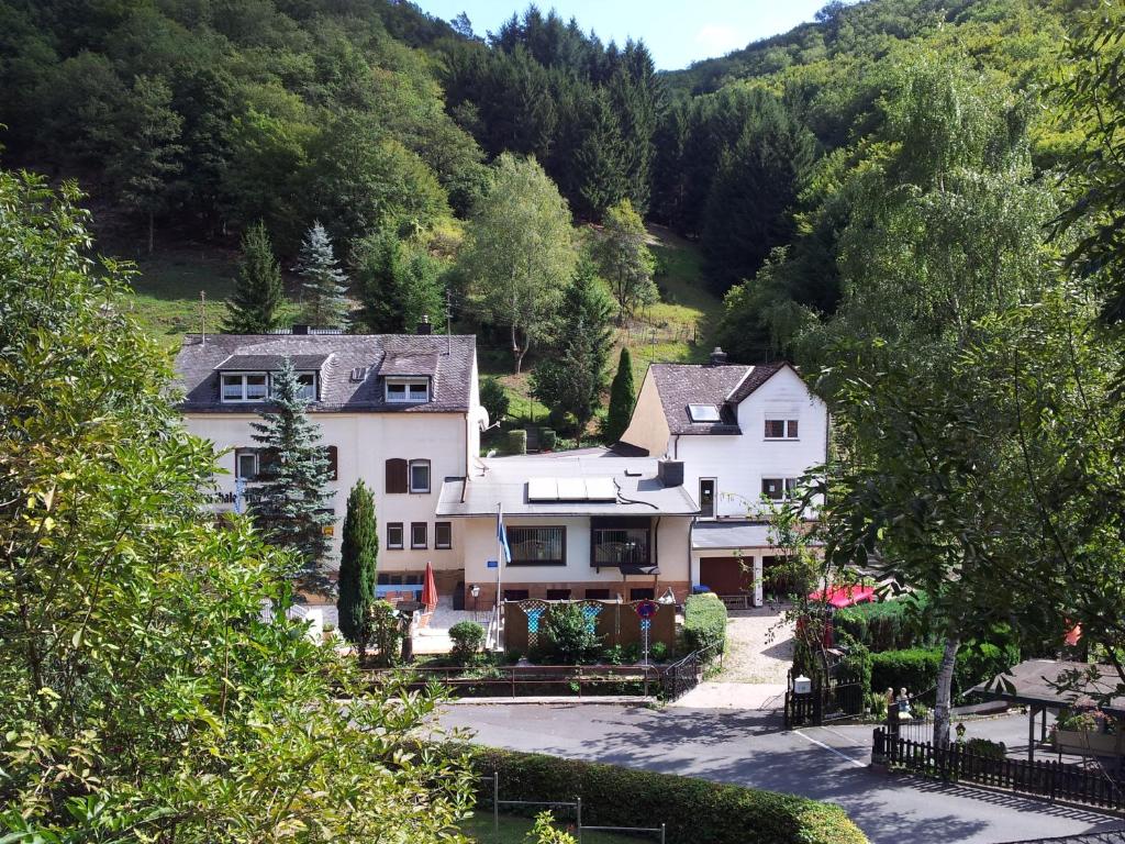 una casa grande en medio de una montaña en Ferien und Selbstversorgerhaus für Gruppen Sauerthaler Hof - Loreley, en Sauerthal